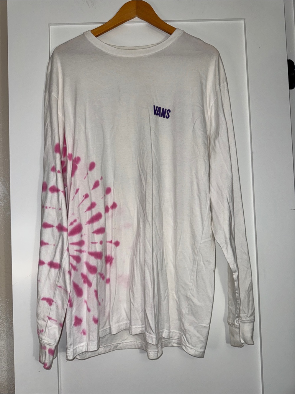 Vans White Long Sleeve Tee with Pink Tie-Dye Accent Purple Logo Sz Large skater